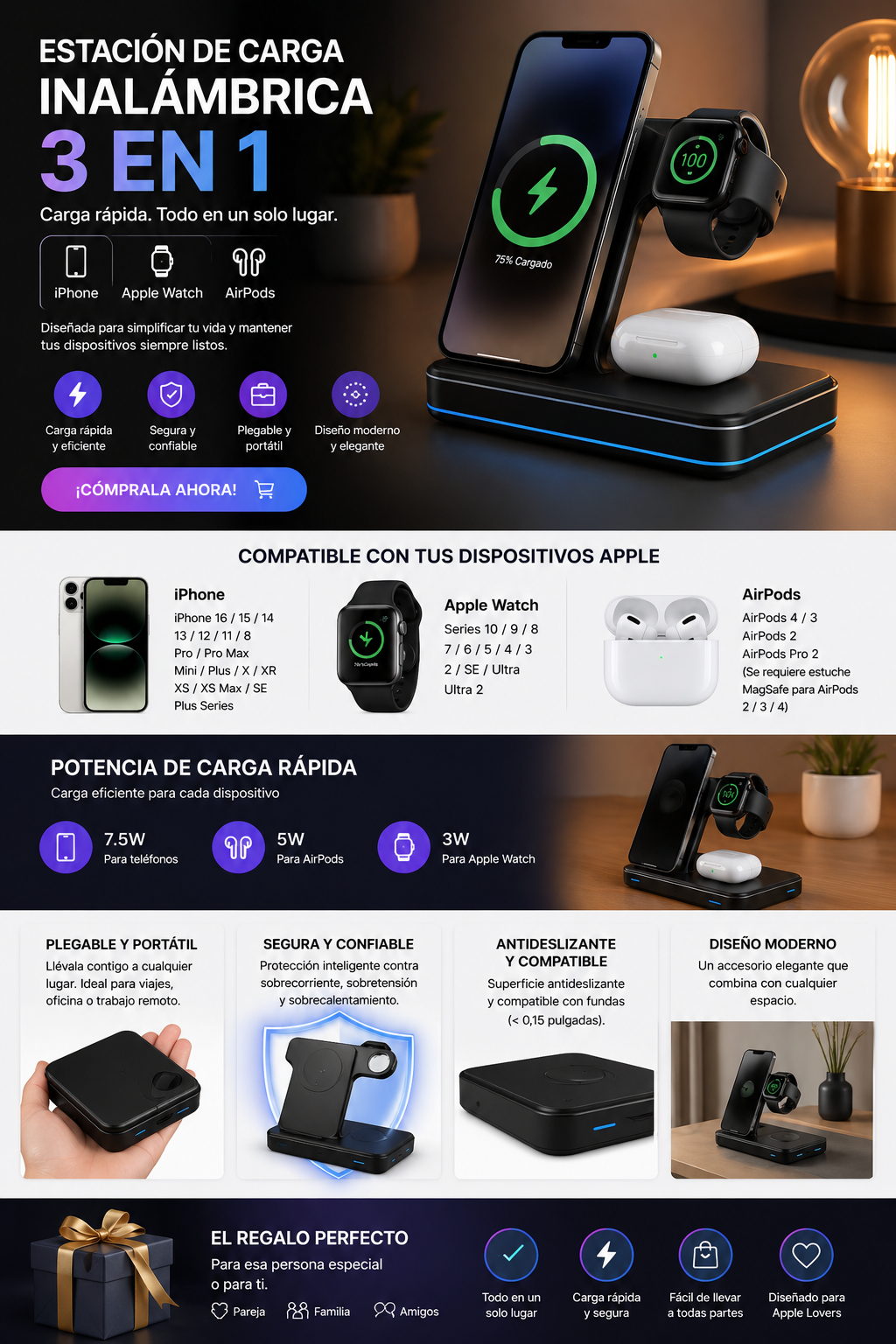 Cargador Inalámbrico 3 en 1 – Carga Rápida para Celular, Audífonos y Smartwatch