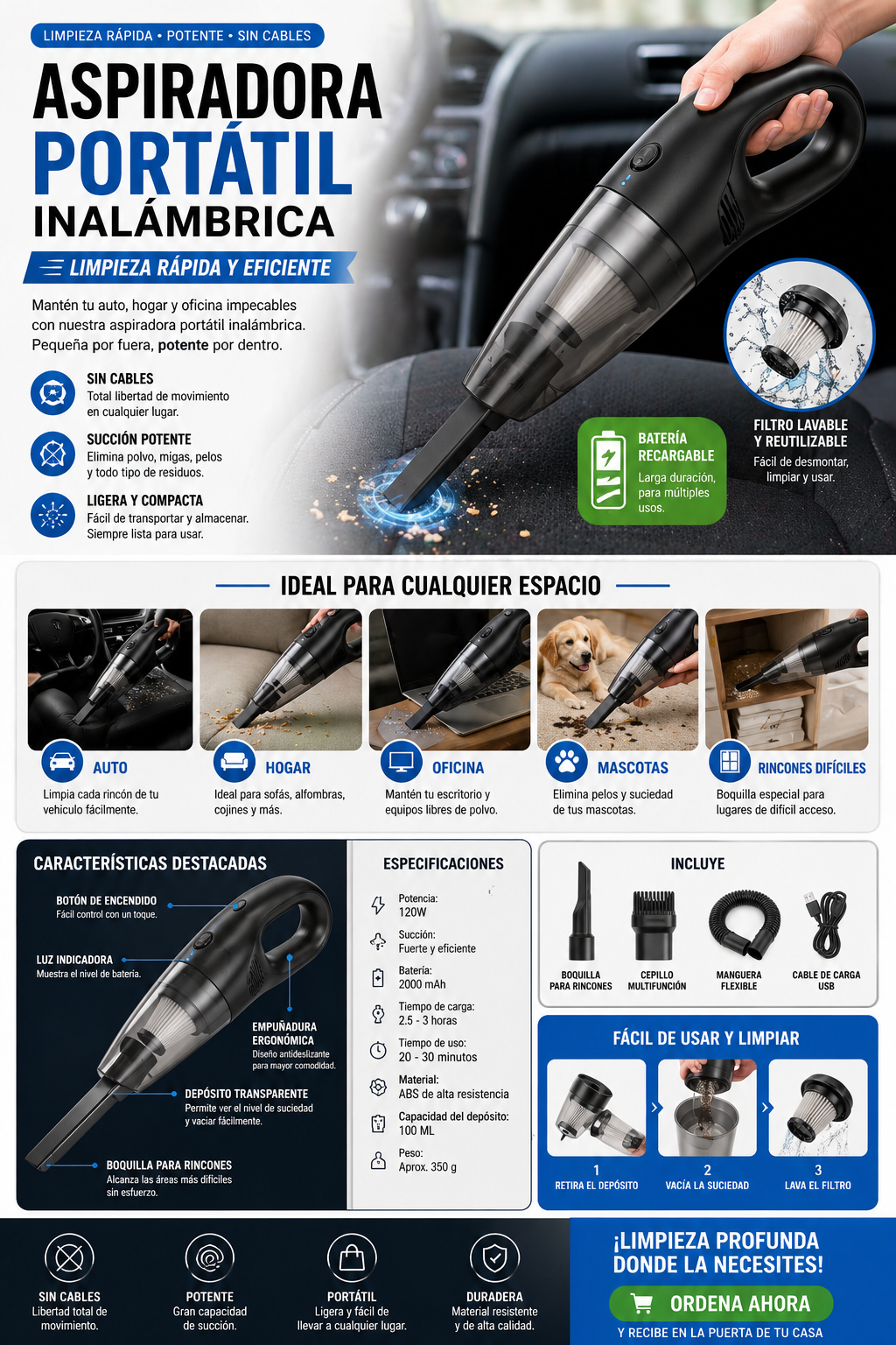 Mini Aspiradora Inalámbrica Multifuncional y Ligera CleanMax
