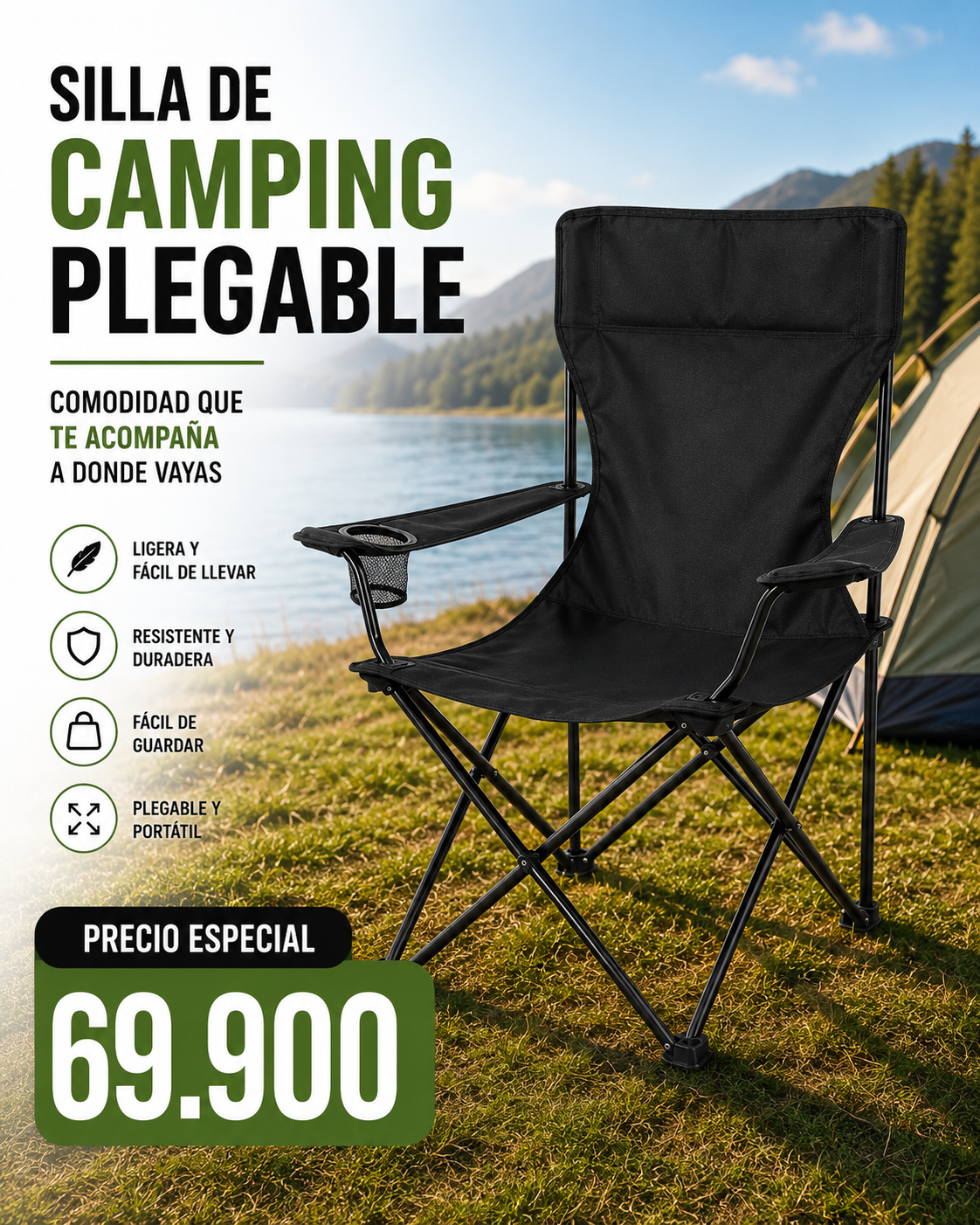 Silla de Camping Compacta Fácil de Transportar