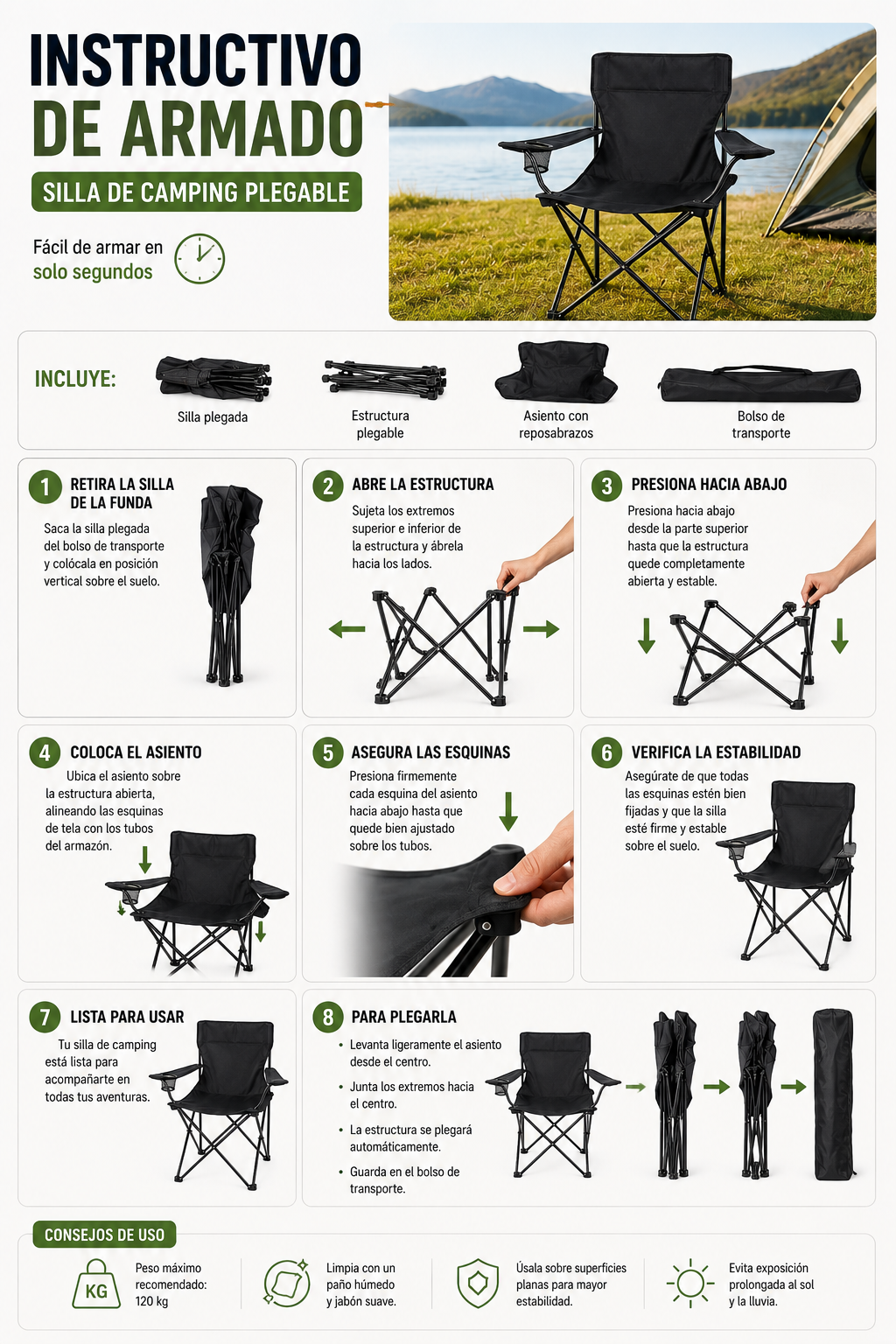 Silla de Camping Compacta Fácil de Transportar