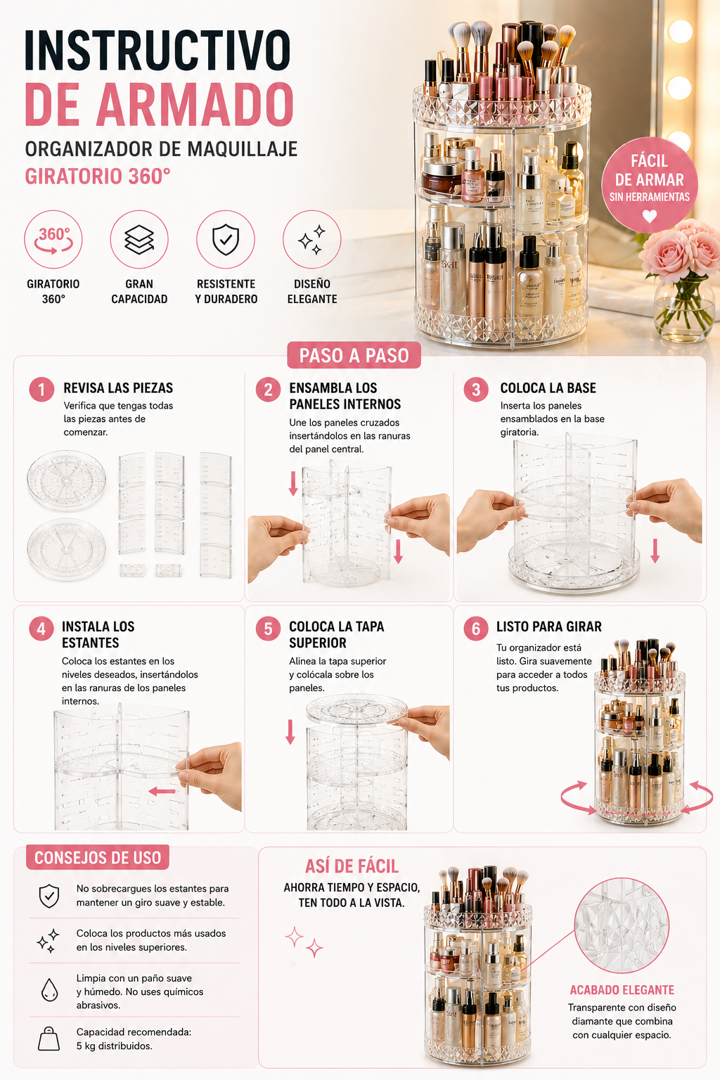 Organizador de Maquillaje Giratorio 360° con Gran Capacidad