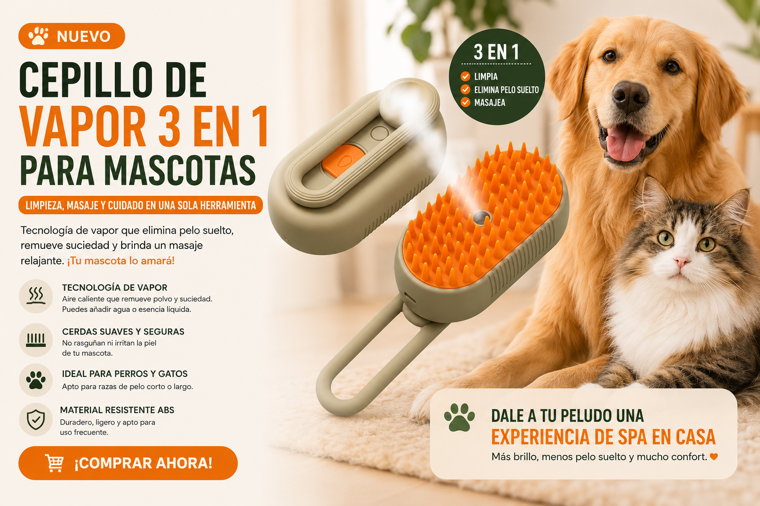 Cepillo Removedor de Pelo con Vapor para Perros y Gatos