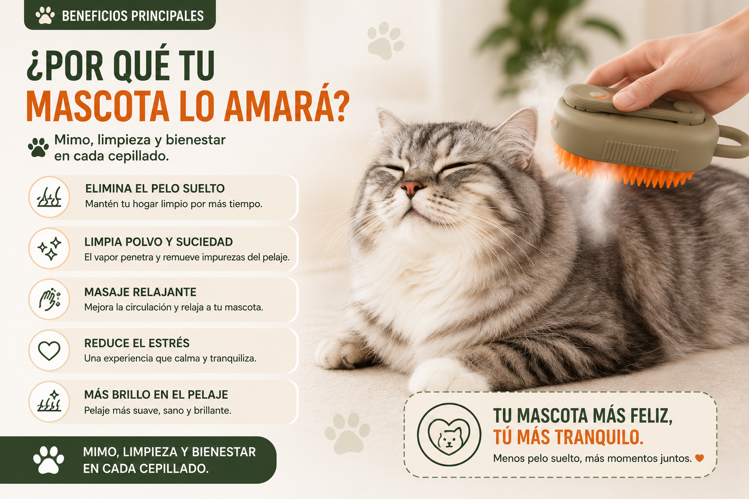 Cepillo Removedor de Pelo con Vapor para Perros y Gatos