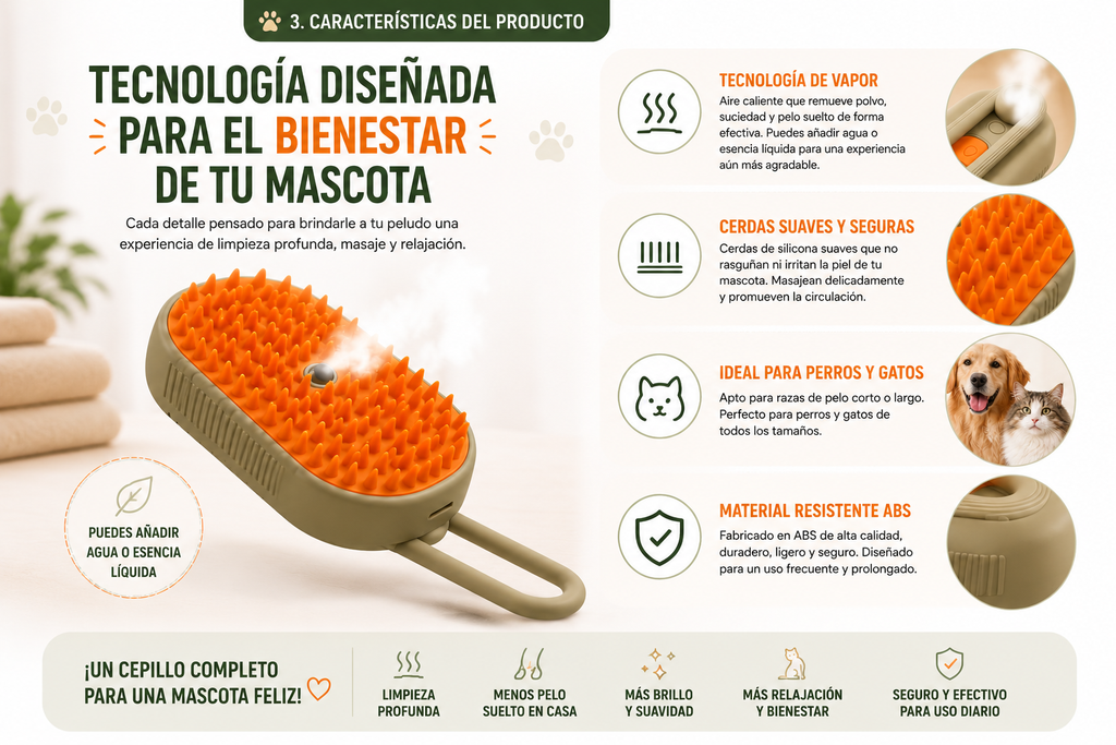 Cepillo Removedor de Pelo con Vapor para Perros y Gatos