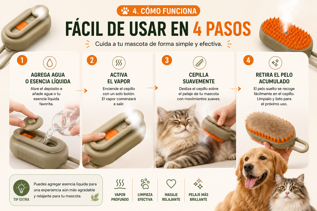 Cepillo Removedor de Pelo con Vapor para Perros y Gatos