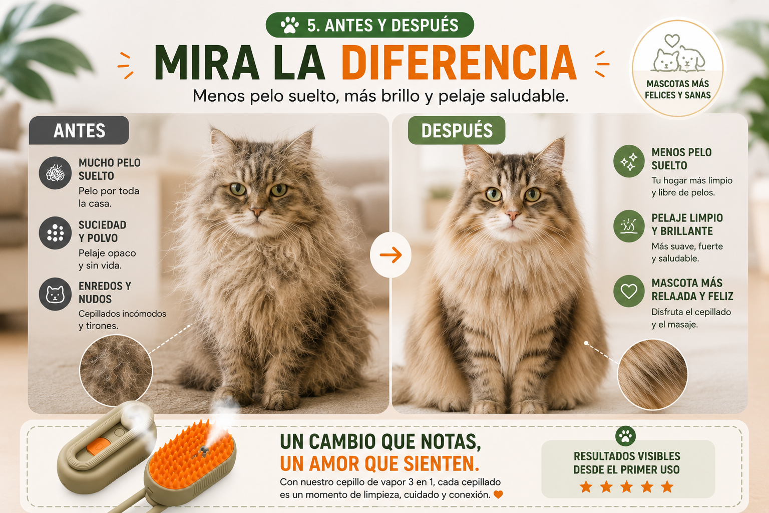 Cepillo Removedor de Pelo con Vapor para Perros y Gatos