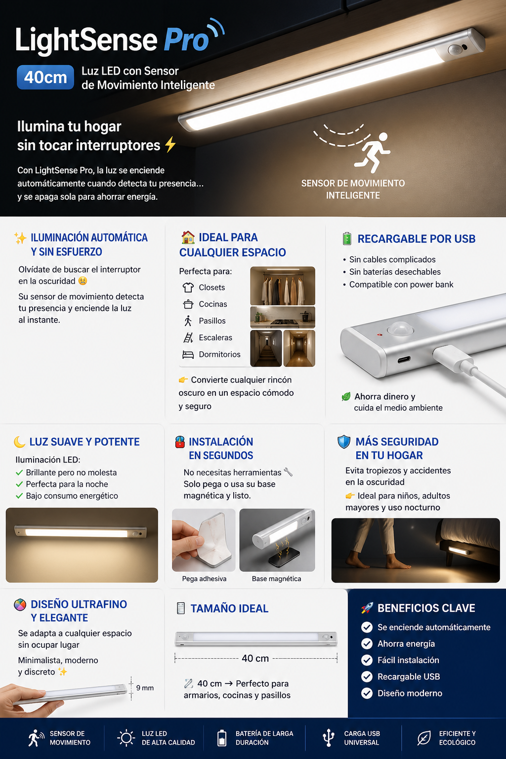 Luz LED con Sensor de Movimiento Inteligente 💡ightSense Pro 40cm
