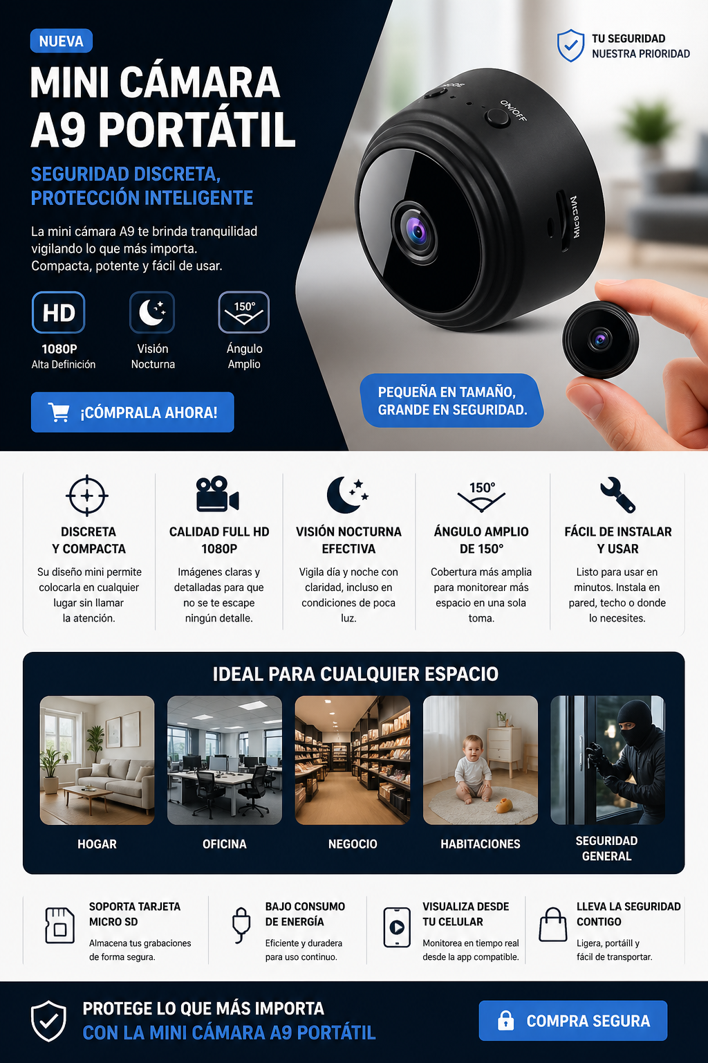 MINI CÁMARA A9 PORTÁTIL 📷🔒 Seguridad Inteligente en la Palma de tu Mano