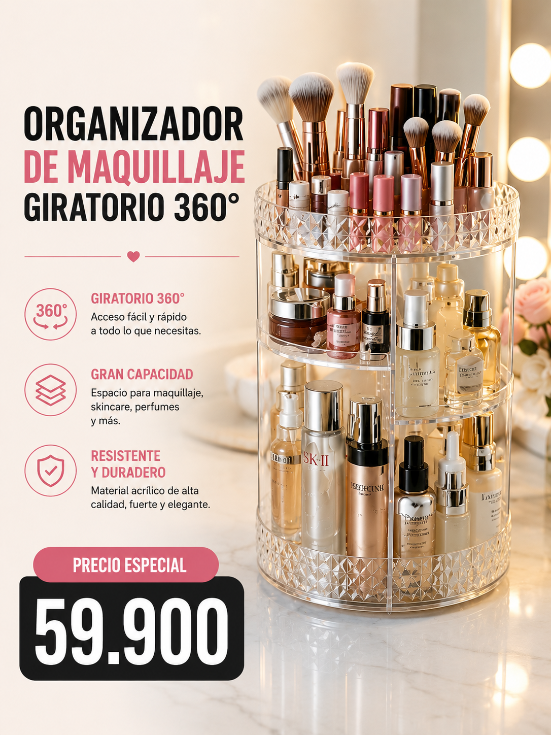 Organizador de Maquillaje Giratorio 360° con Gran Capacidad
