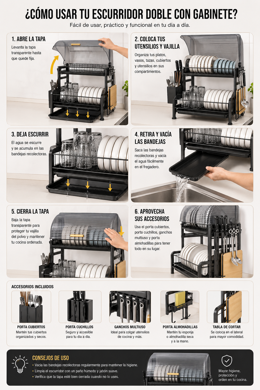 Escurridor de Cocina 65 cm con Tapa Protectora y Gran Capacidad