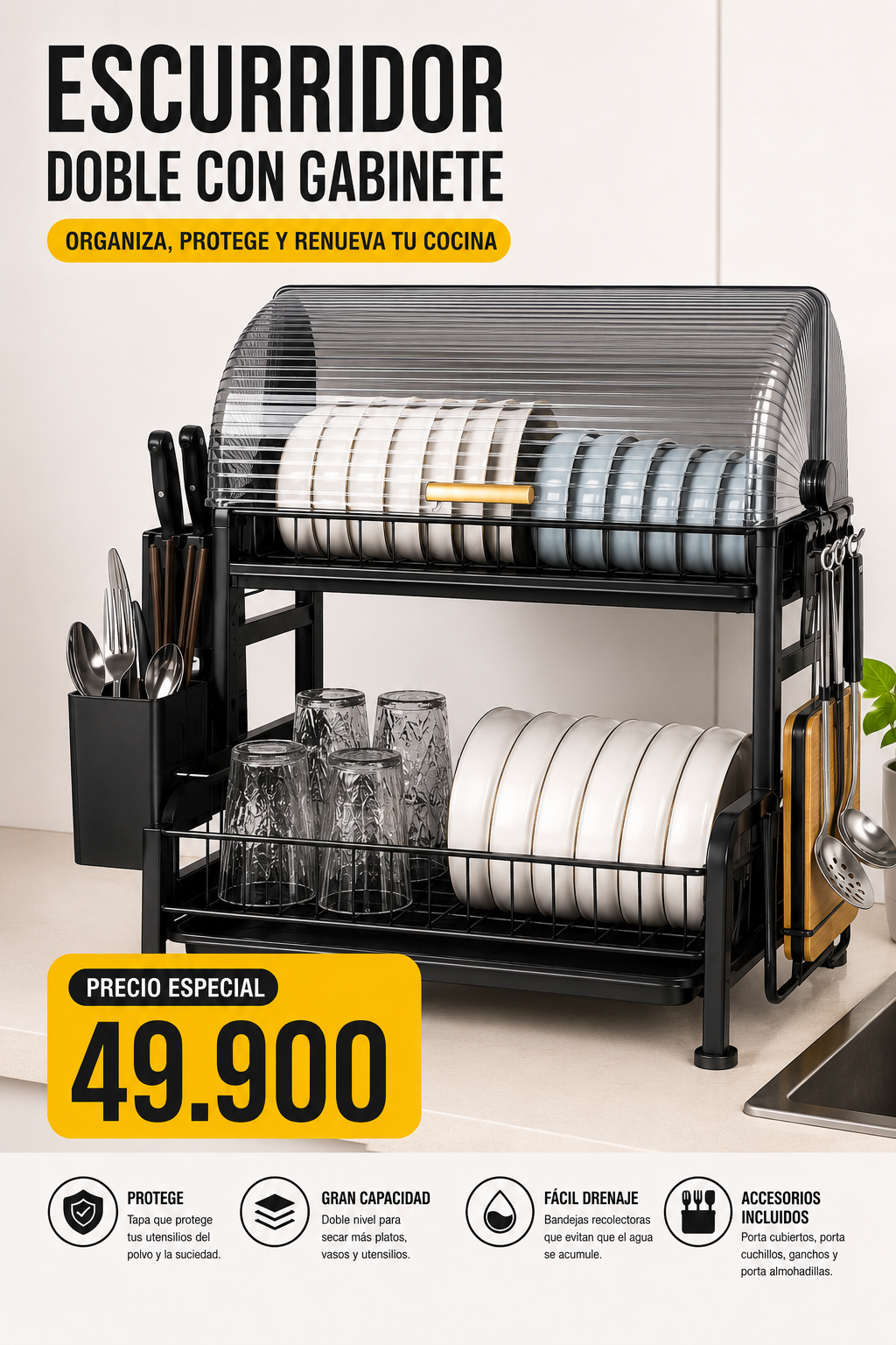 Escurridor de Cocina 65 cm con Tapa Protectora y Gran Capacidad