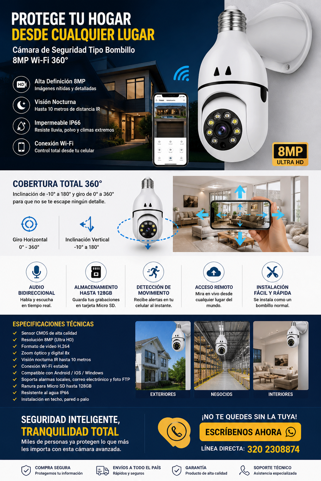 📲 Cámara WiFi Tipo Foco A173 – Control Total Desde Tu Smartphone